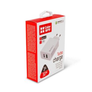 USB laadija Colorway CHS021 2xUSB QuickCharge3.0 +AutoID (30W) valge